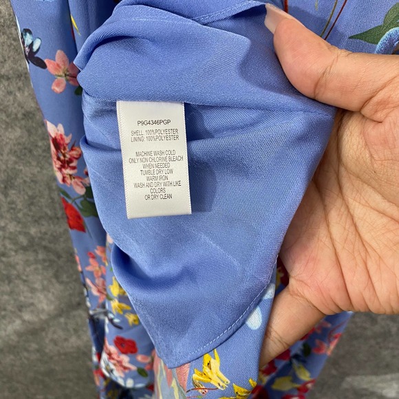 Parker Midi Wrap Dress Small Blue Floral Print Short Sleeve A-Line High-Low - Picture 11 of 11